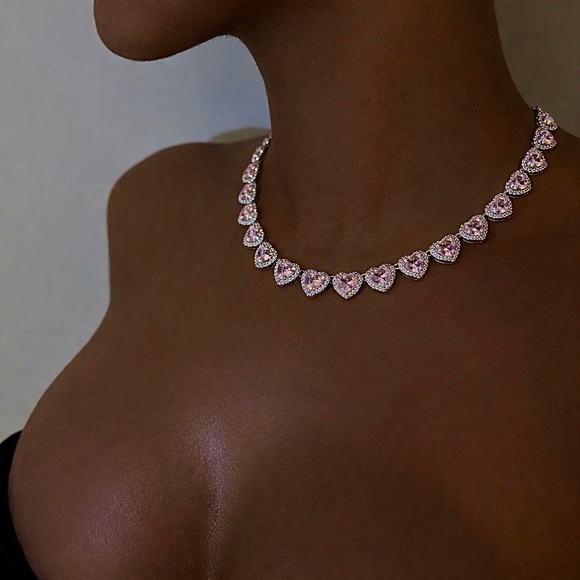 Pink Heart Crystal Tennis Necklace16inch - Women Jewelry